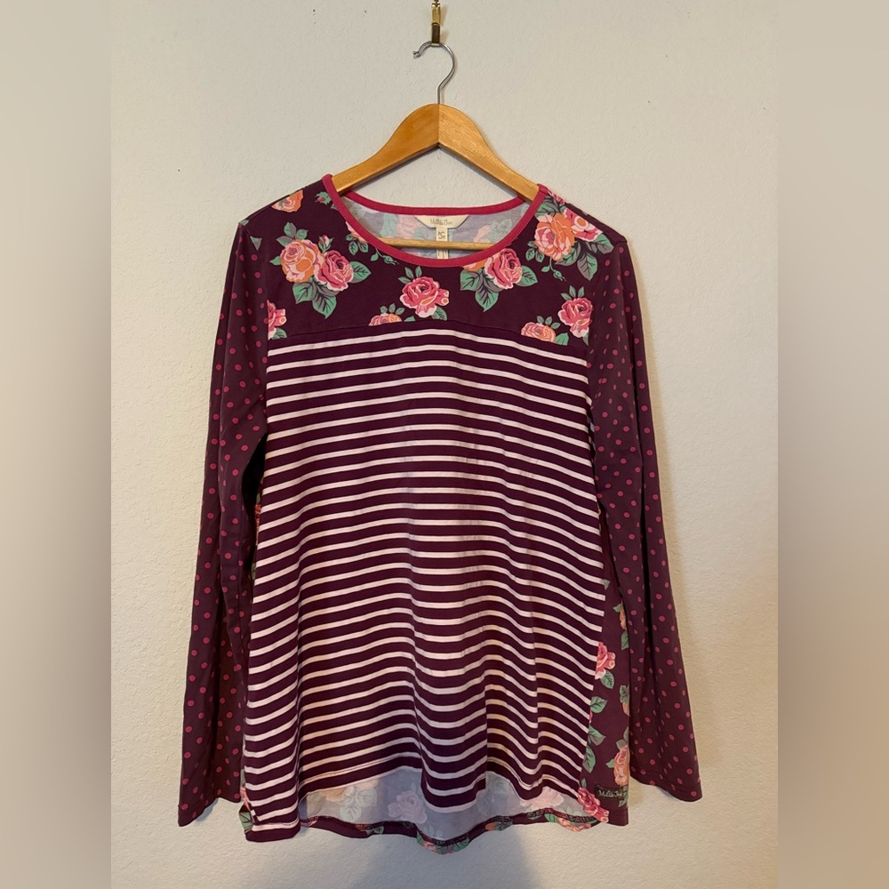 Matilda Jane Top Women’s Large Striped Floral Maroon White Stretchy